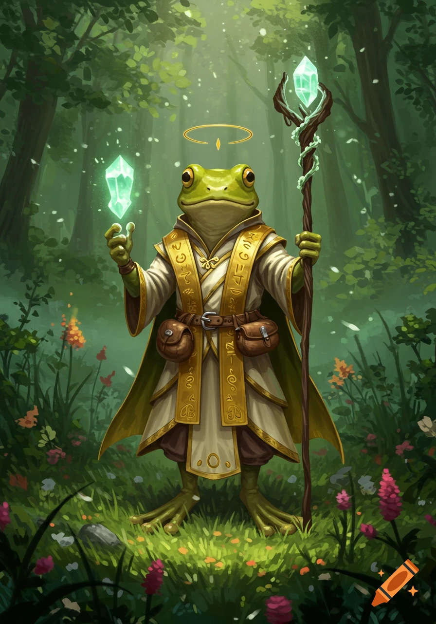 A frog cleric in robes with a halo, holding a glowing crystal and staff, standing in a lush, magical forest.