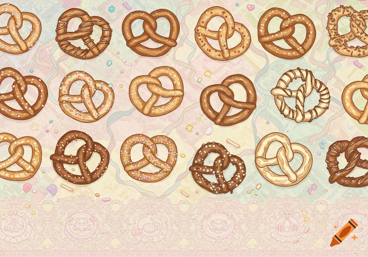 A cute pattern of cartoon pretzels with various toppings on a pastel background with ribbons and sprinkles.