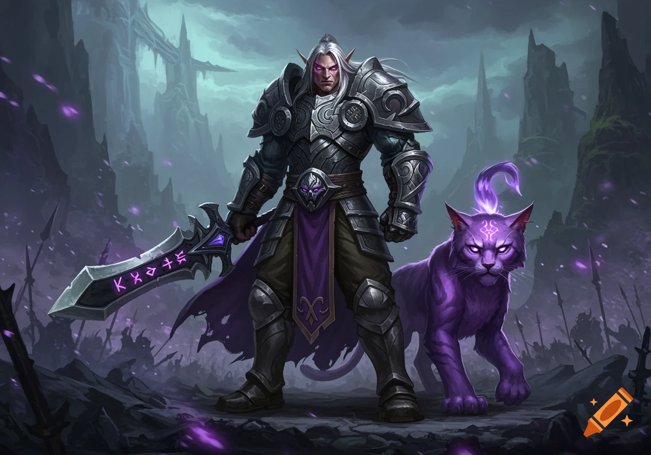 A stern elf warrior in ornate gray armor with a large sword stands beside a glowing purple cat in a dark, stylized fantasy landscape.