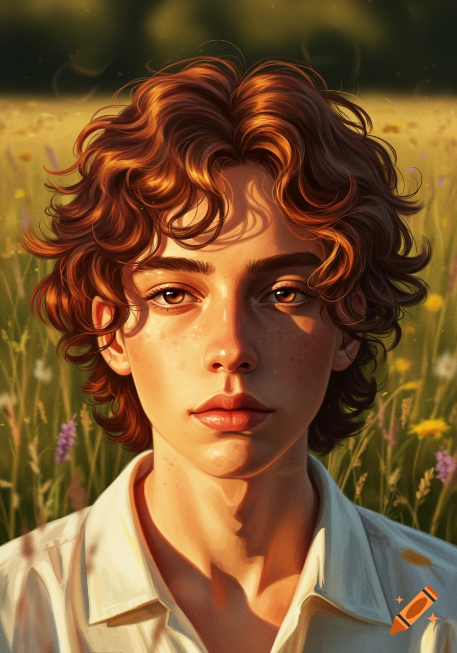 Close-up digital portrait of a young person with short, wavy auburn hair and freckles, lit by golden sunlight in a field.
