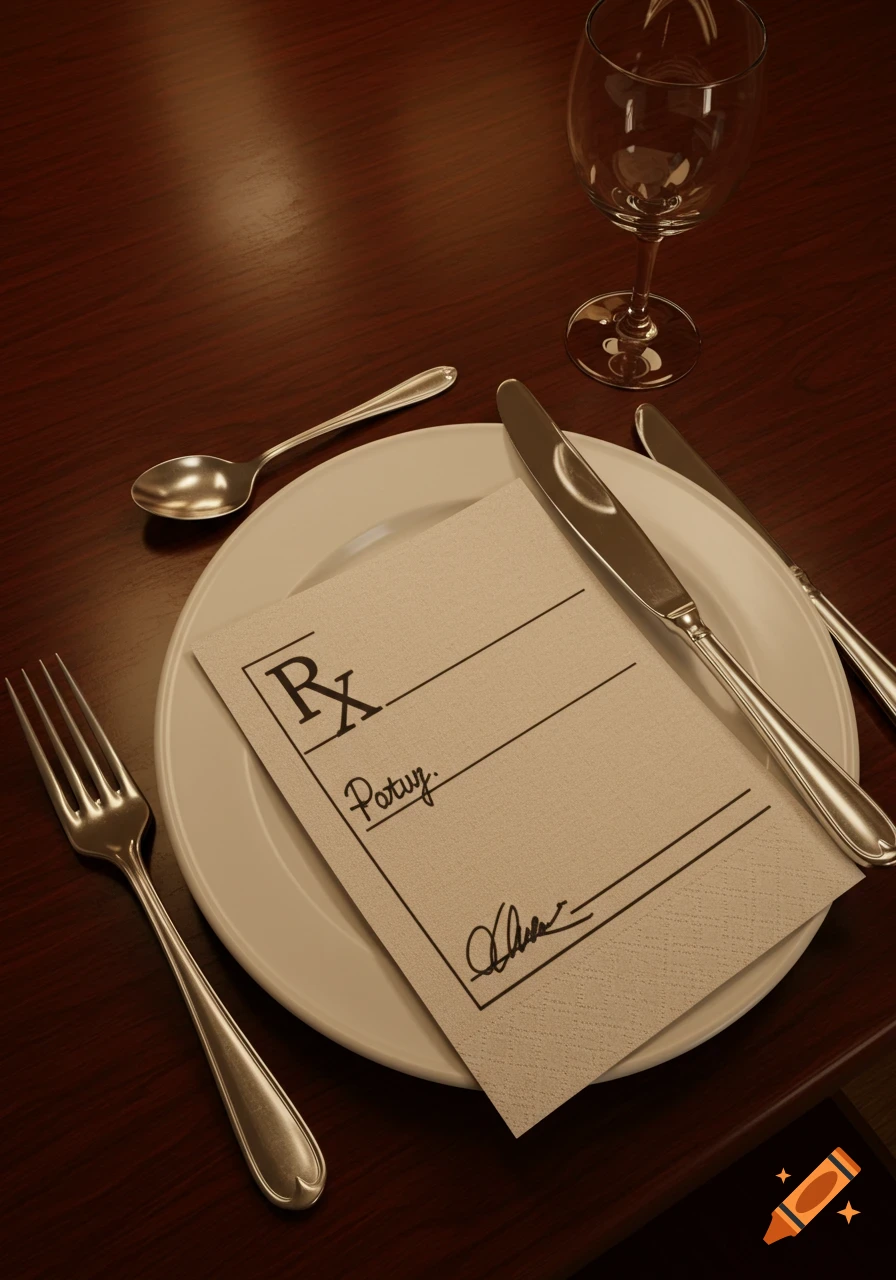 Photorealistic image of a dining table setting with a white plate, cutlery, wine glass, and a napkin designed like a prescription pad.