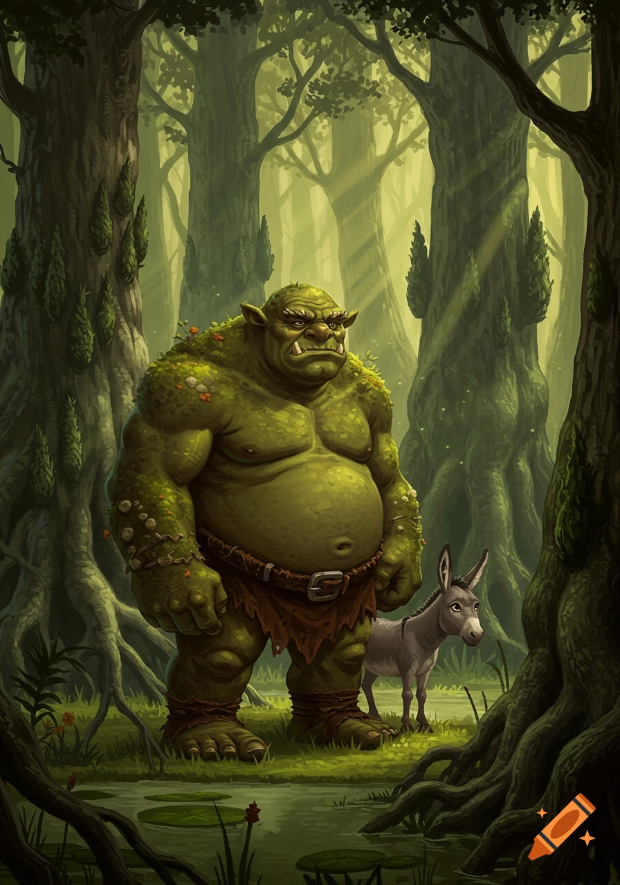 A grumpy green ogre with moss on his shoulders stands next to a small gray donkey in a misty, sunlit forest swamp.