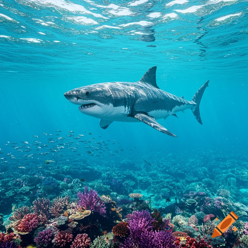 A photorealistic great white shark swims over a vibrant coral reef with small fish and light rays filtering from the water surface.