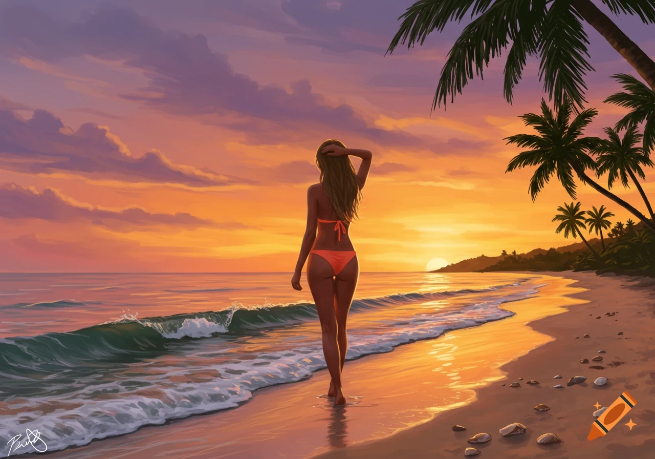A woman in a bikini walks along a sandy beach at sunset, with palm trees and ocean waves. Digital art.