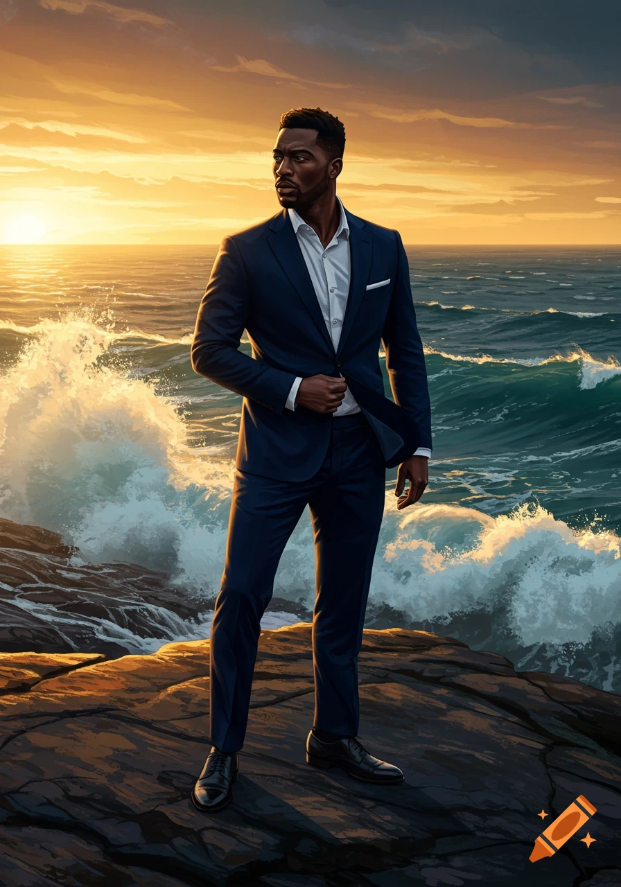 A man in a navy suit stands on a rocky shore beside crashing ocean waves, gazing left into a vibrant sunset.
