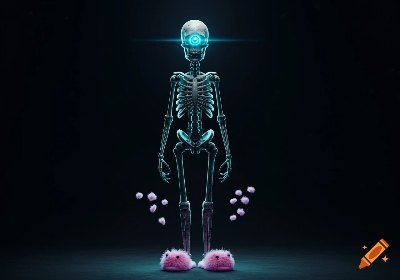 A skeleton robot with a glowing blue eye stands in a dark room wearing fluffy pink slippers.