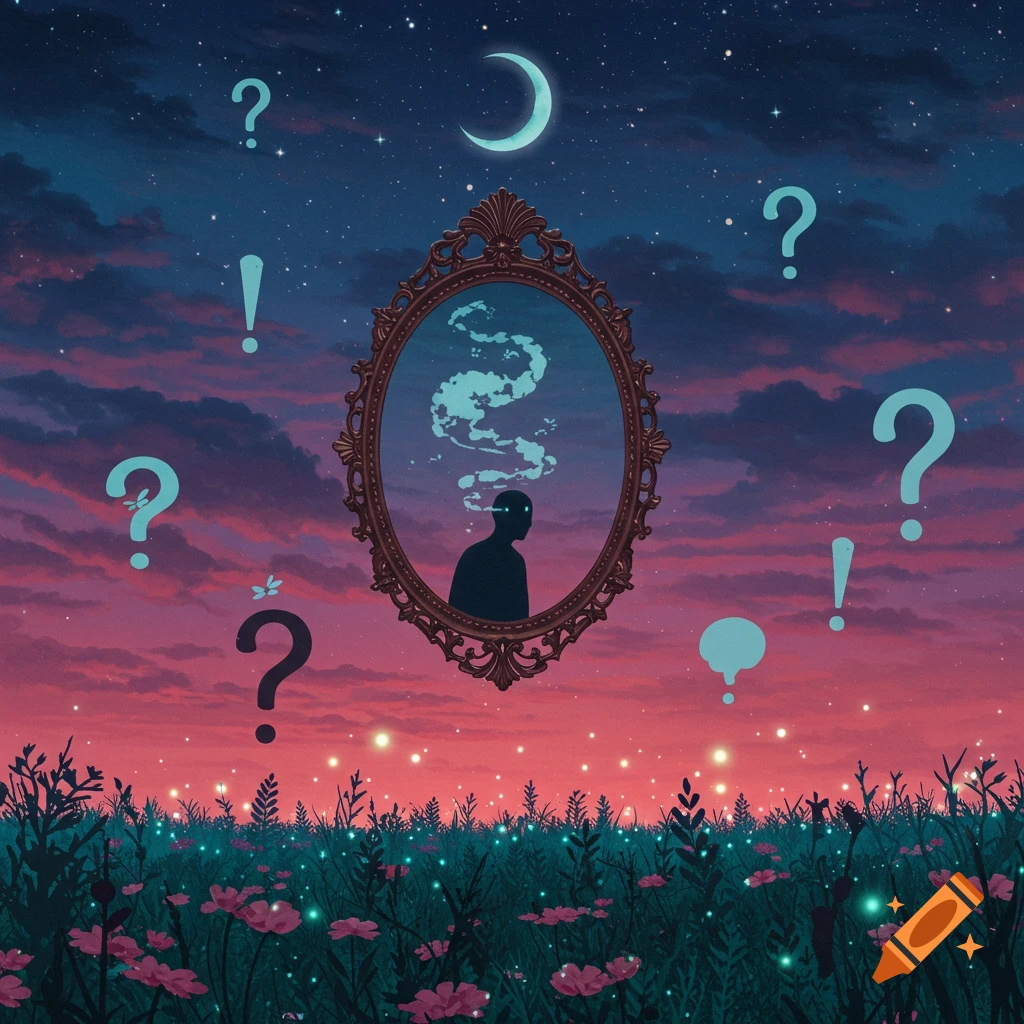 A surreal night scene with a crescent moon and stars over a field of glowing flowers, featuring a mirror reflecting a silhouetted figure with smoky thoughts, surrounded by floating question marks and exclamation points.