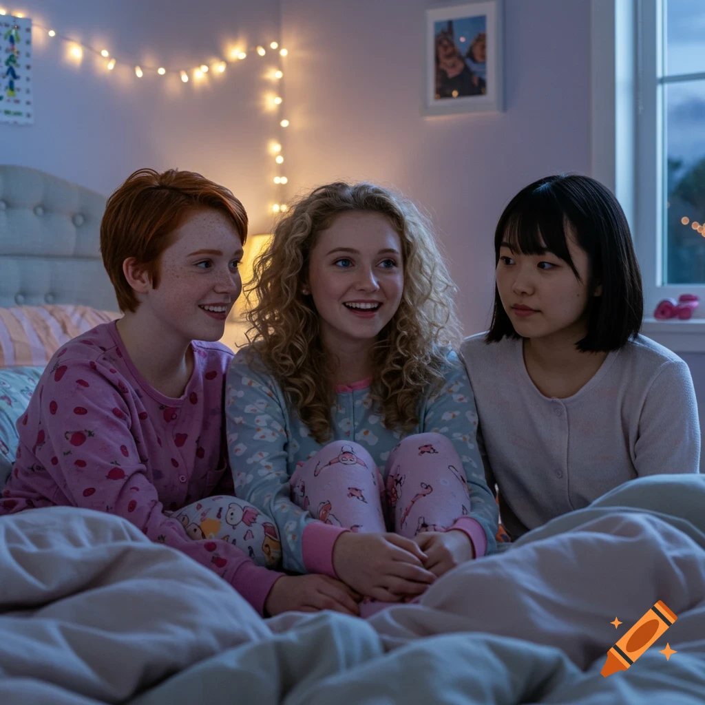 Three teen girls in pajamas are huddled on a bed in a softly lit bedroom with fairy lights, looking engaged.