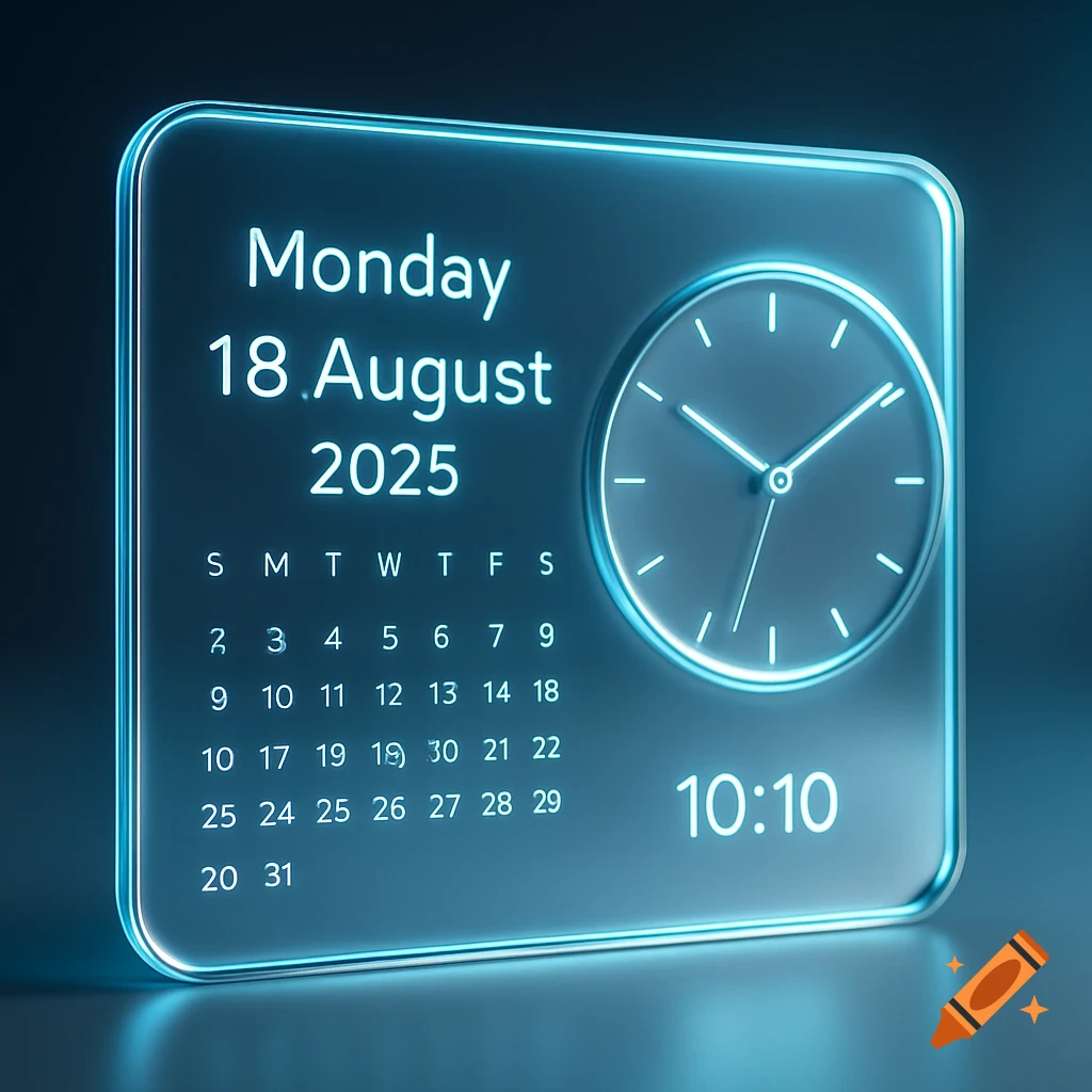 A glowing blue holographic display shows a calendar for August 2025, an analog clock, and a digital time of 10:10.