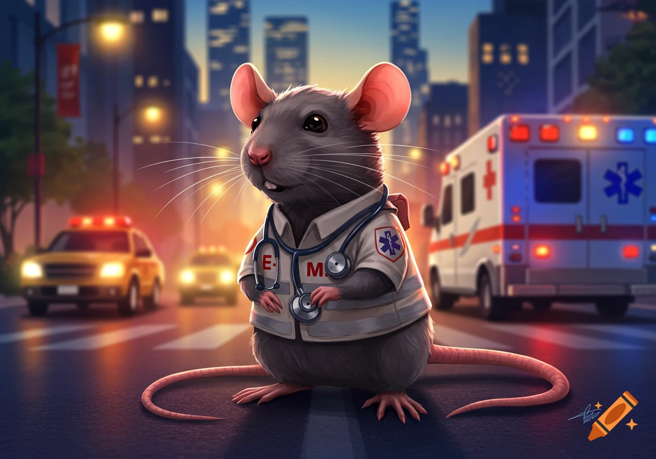 A cute cartoon rat dressed as an EMT stands in the middle of a city street at dusk, with ambulances and cars in the blurred background.