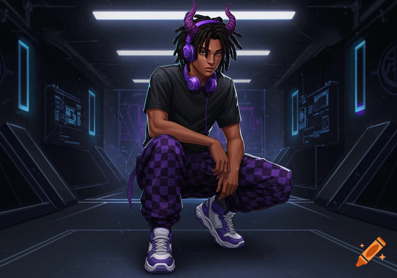 Anime-style male character with dreadlocks and purple demon horns, wearing purple headphones and checkered pants, squatting in a dark, futuristic setting.