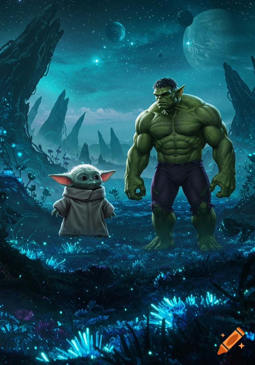 Baby Yoda floating next to Hulk on an alien planet with glowing blue plants under a starry, multi-planet sky.