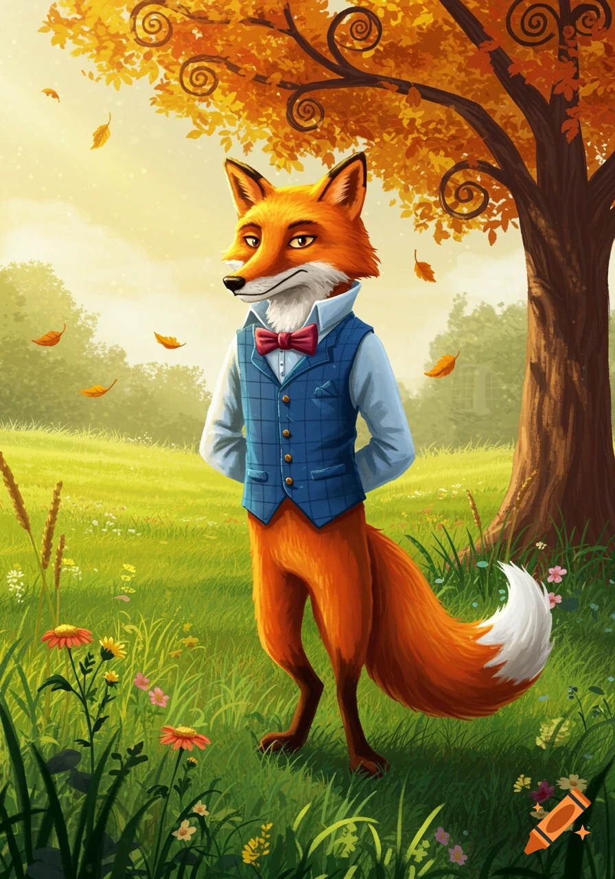 A cartoon fox wearing a blue waistcoat and red bow tie stands in a sunny autumn field with falling leaves.