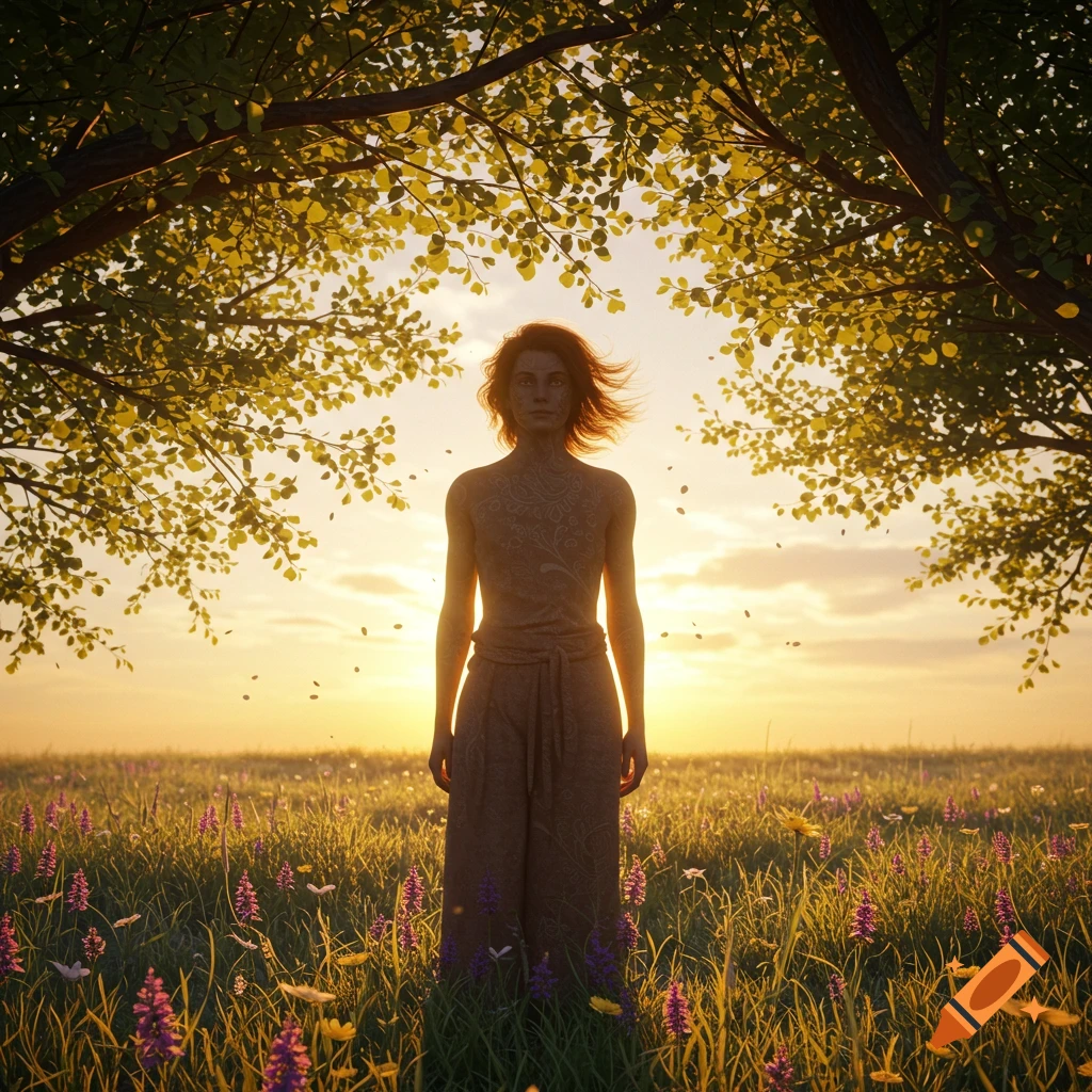 A person stands silhouetted in a field of wildflowers against a golden sunset, framed by tree branches. Photorealistic.