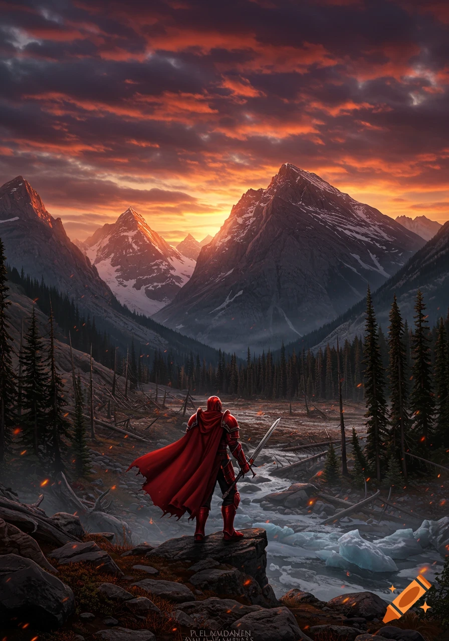 A knight in red armor and flowing cape stands on a rock, gazing at a dramatic sunset over a desolate mountain valley with a river and charred trees, in a digital painting style.