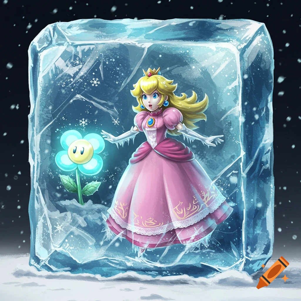 Princess Peach frozen inside a large block of ice, standing next to a glowing blue ice flower.