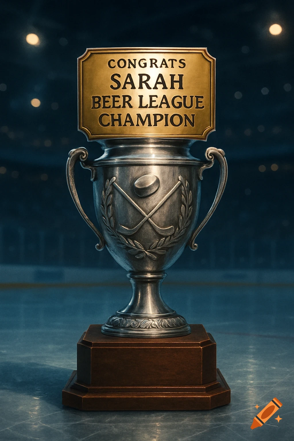 A detailed photorealistic image of a silver ice hockey trophy with a golden plaque that reads 'CONGRATS SARAH BEER LEAGUE CHAMPION'.