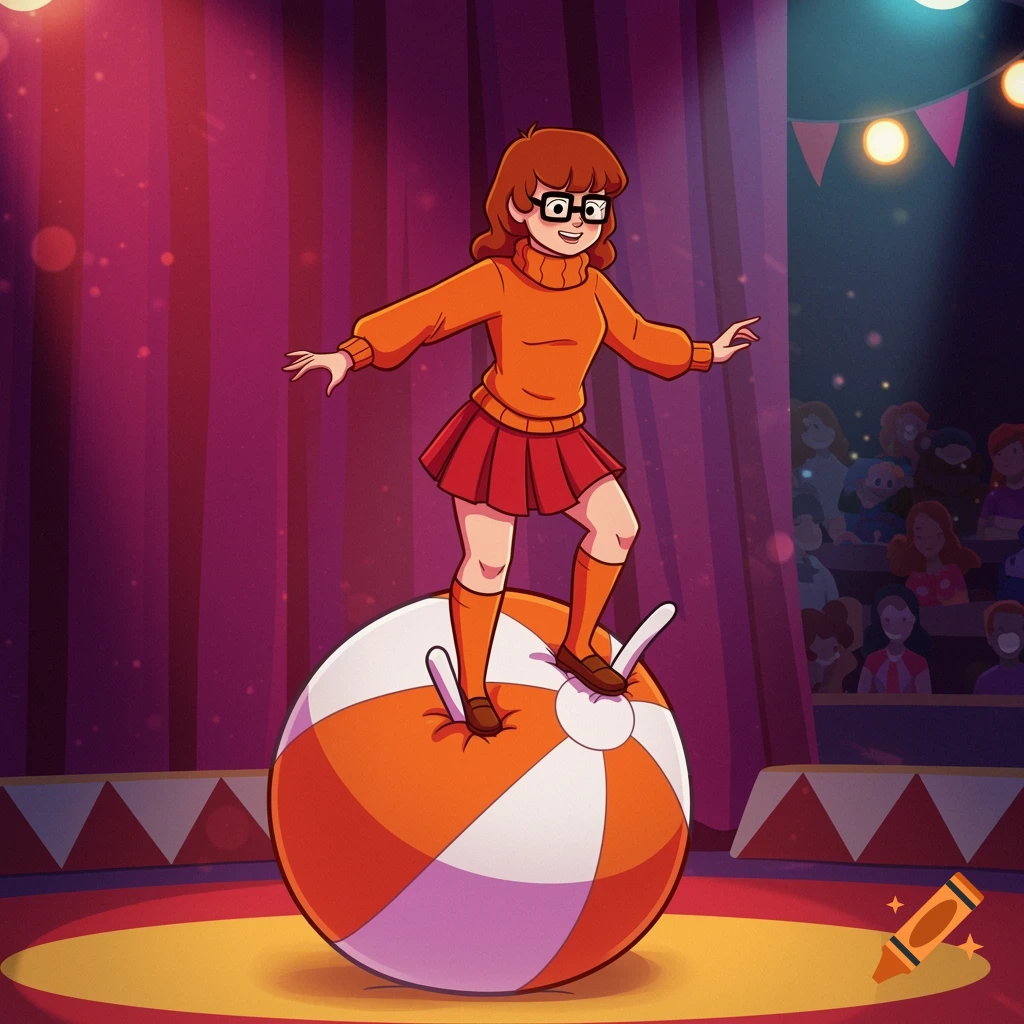 Velma Dinkley in a 2D cartoon style, balancing clumsily on a squishy orange and white striped beach ball on a circus stage.