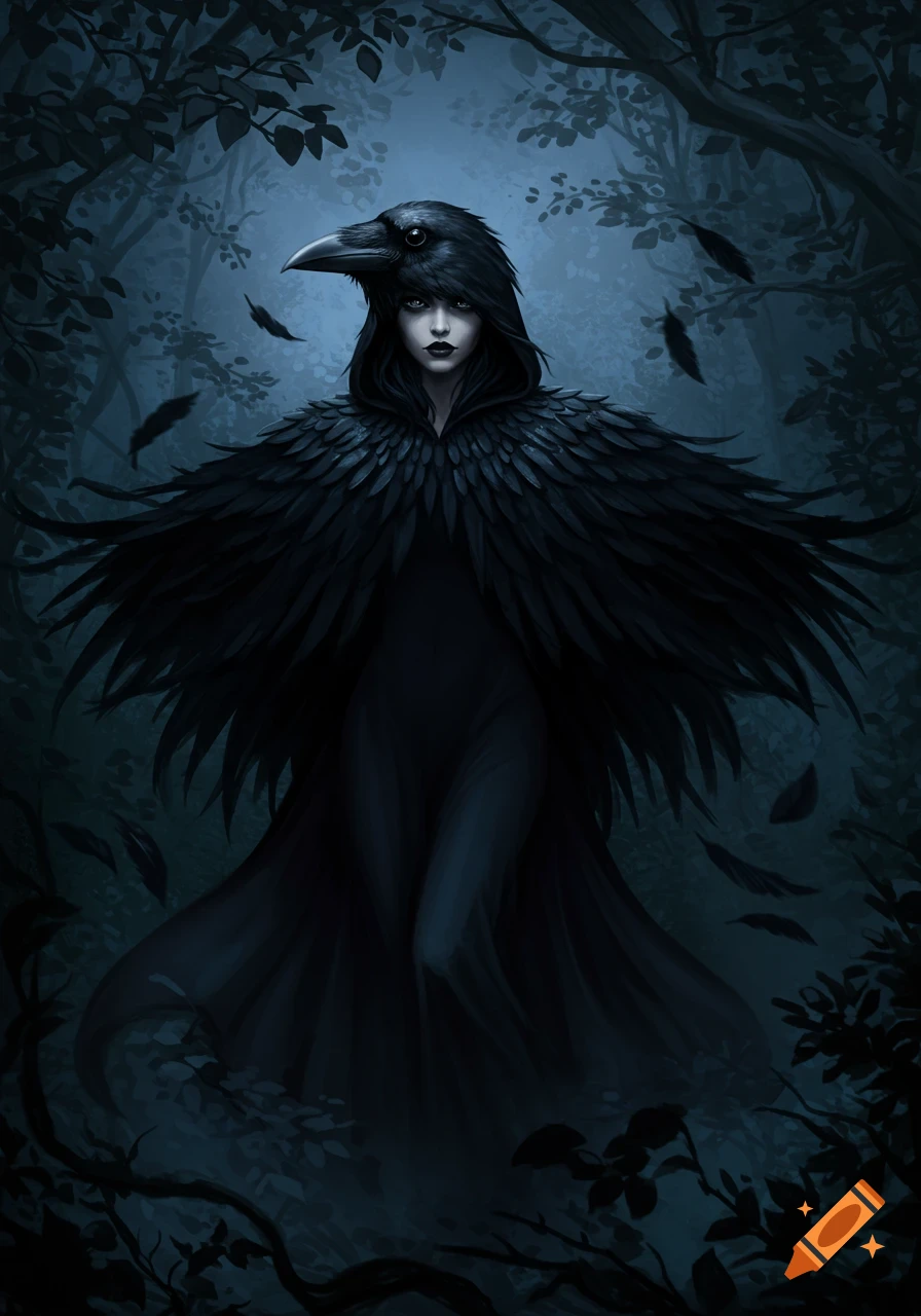 A dark fantasy illustration of a mysterious woman with a crow's head and a cloak of feathers in a dim, moonlit forest.