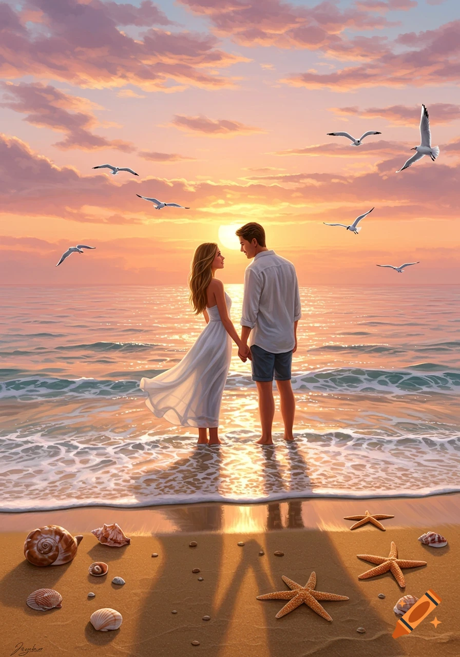 A couple holding hands stands in the ocean at sunset with seagulls flying and seashells on the beach.