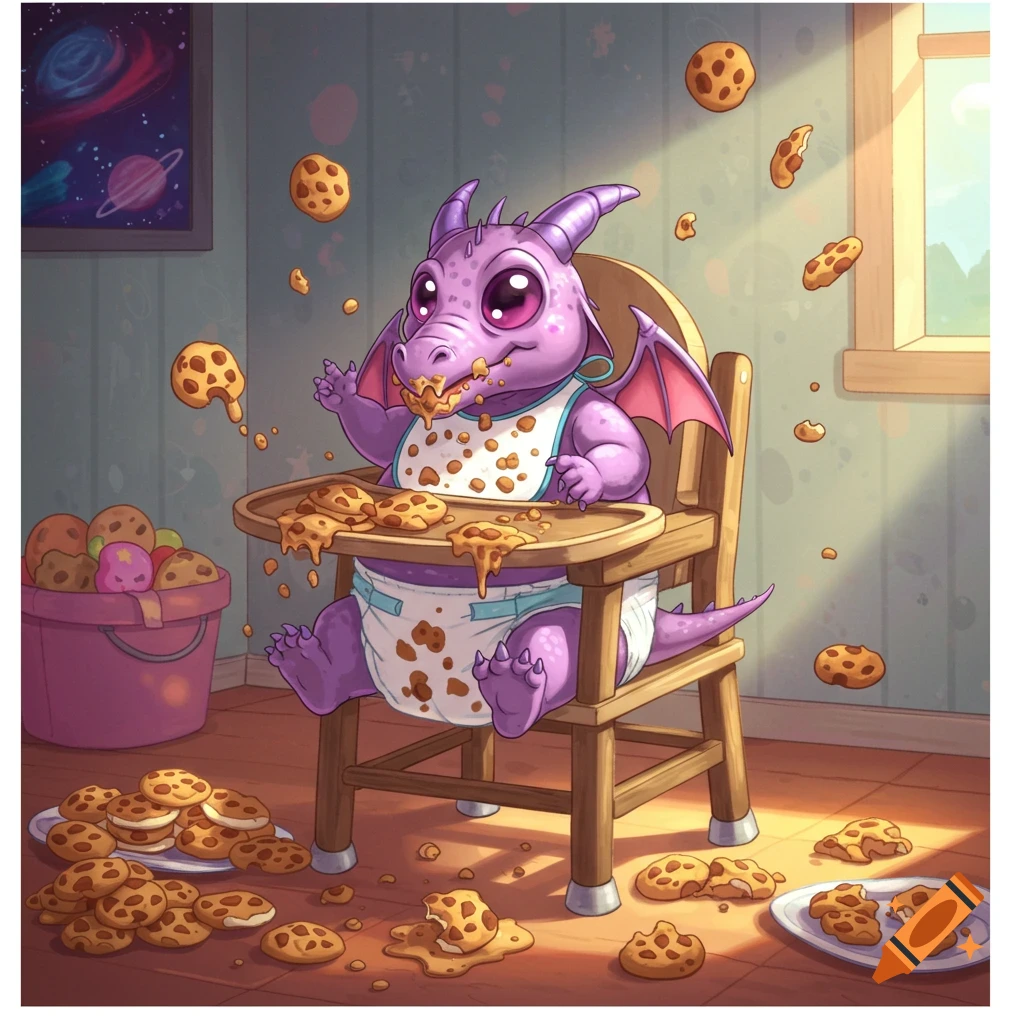 A messy, chubby purple cartoon baby dragon in a highchair devouring cookies, with crumbs scattered on its bib and diaper.