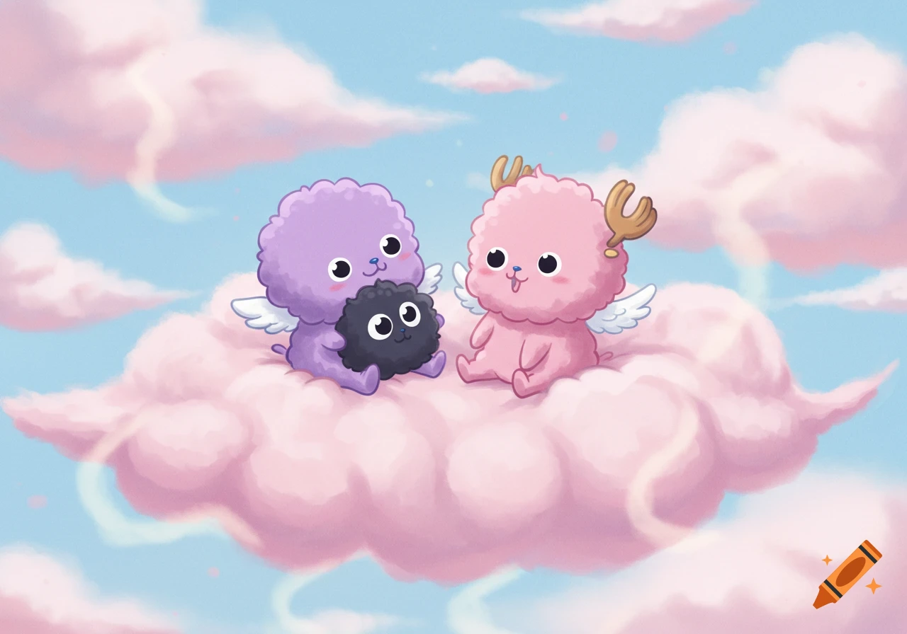 Two cute, fluffy creatures, one purple holding a black one, and one pink with antlers, sitting on a pink cloud in a dreamy blue sky. Anime style.