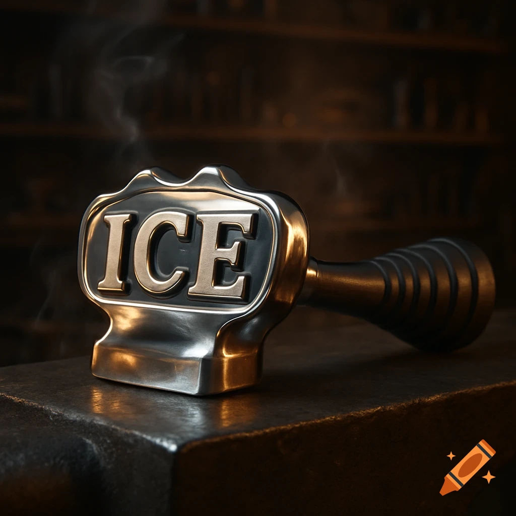 A shiny chrome branding iron with 'ICE' embossed on its head, resting on a dark metal surface with subtle smoke.