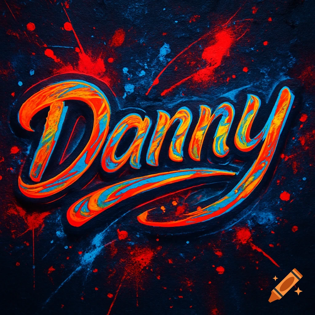 Stylized, colorful text spelling 'Danny' with a brush-stroke effect on a dark background with red and blue paint splatters.