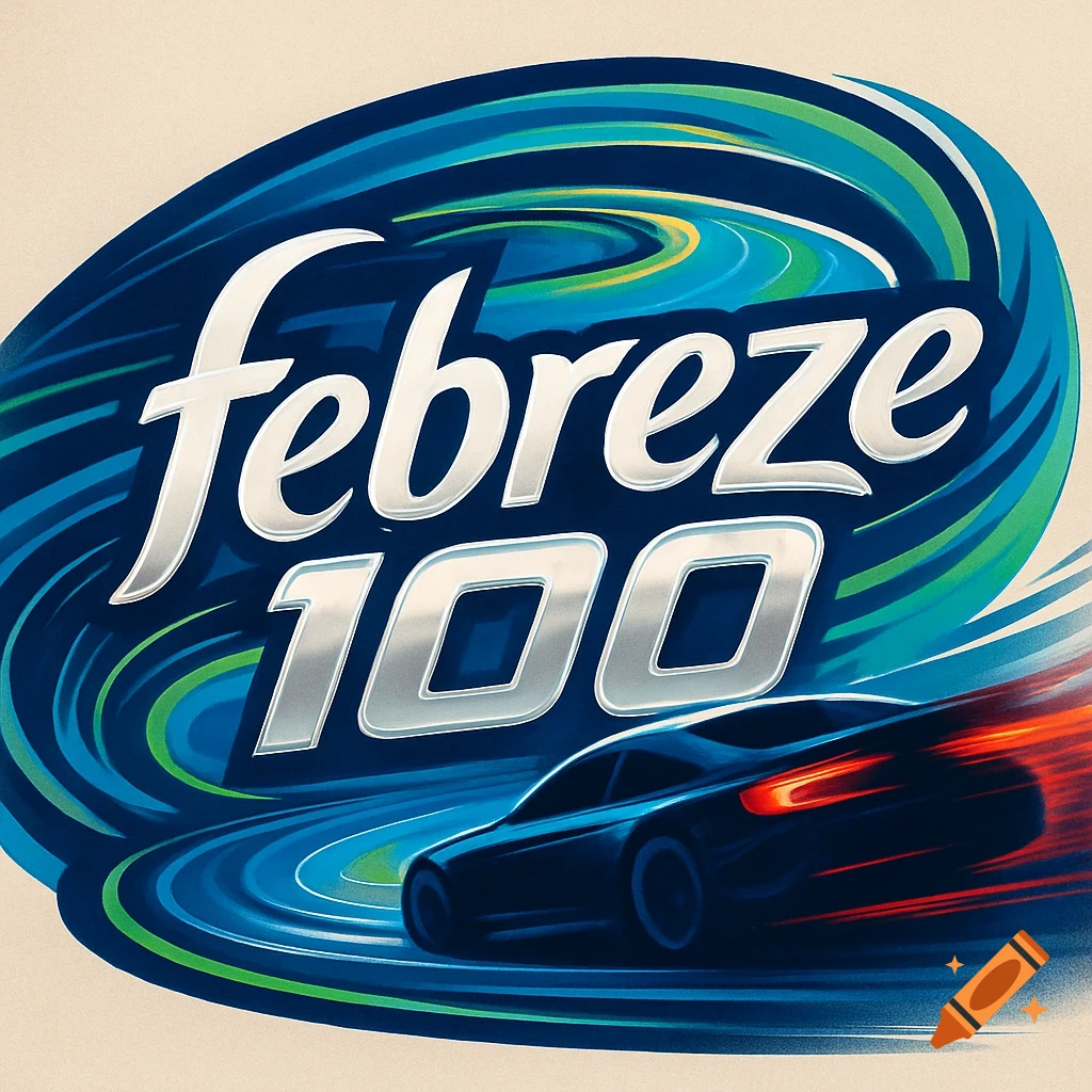 A Febreze 100 race logo with a speeding dark blue car on a curving track, surrounded by blue and green swooshes.