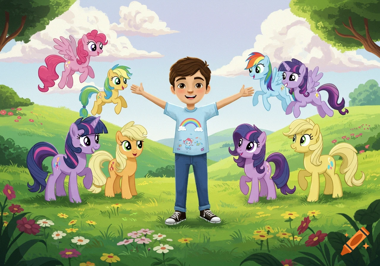 A boy stands in a grassy field with open arms, surrounded by six colorful cartoon ponies.
