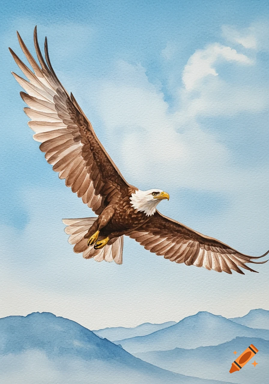 Watercolor painting of a bald eagle soaring over blue mountains under a cloudy sky.