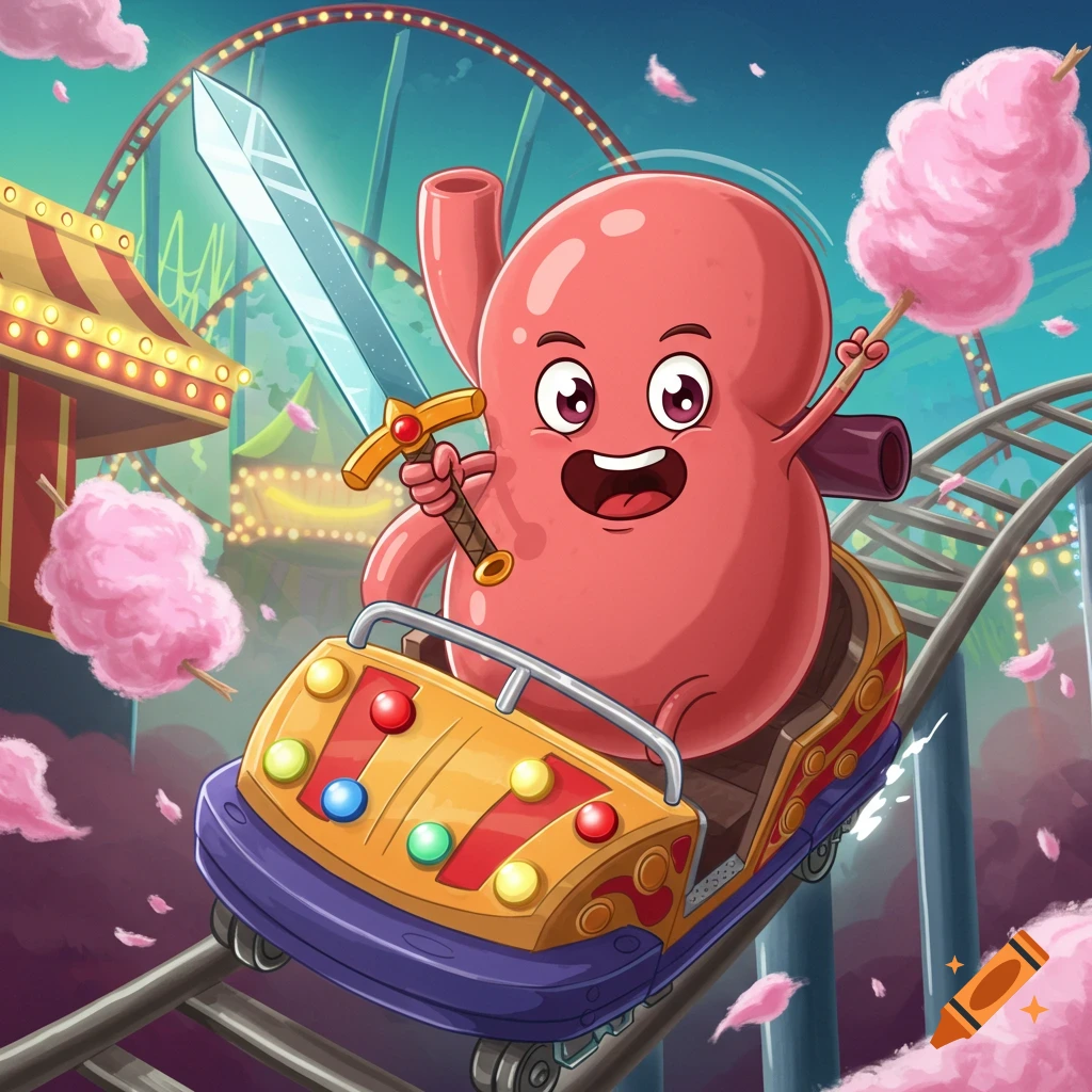 A whimsical cartoon stomach-like character with a sword and cotton candy rides a roller coaster at an amusement park.