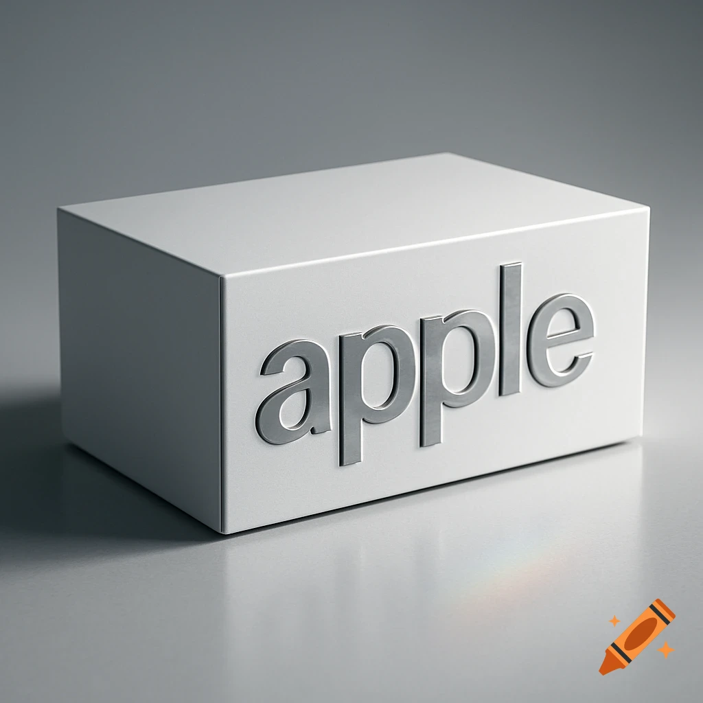 A white rectangular box with the word 'apple' in silver letters on its side, against a grey background.
