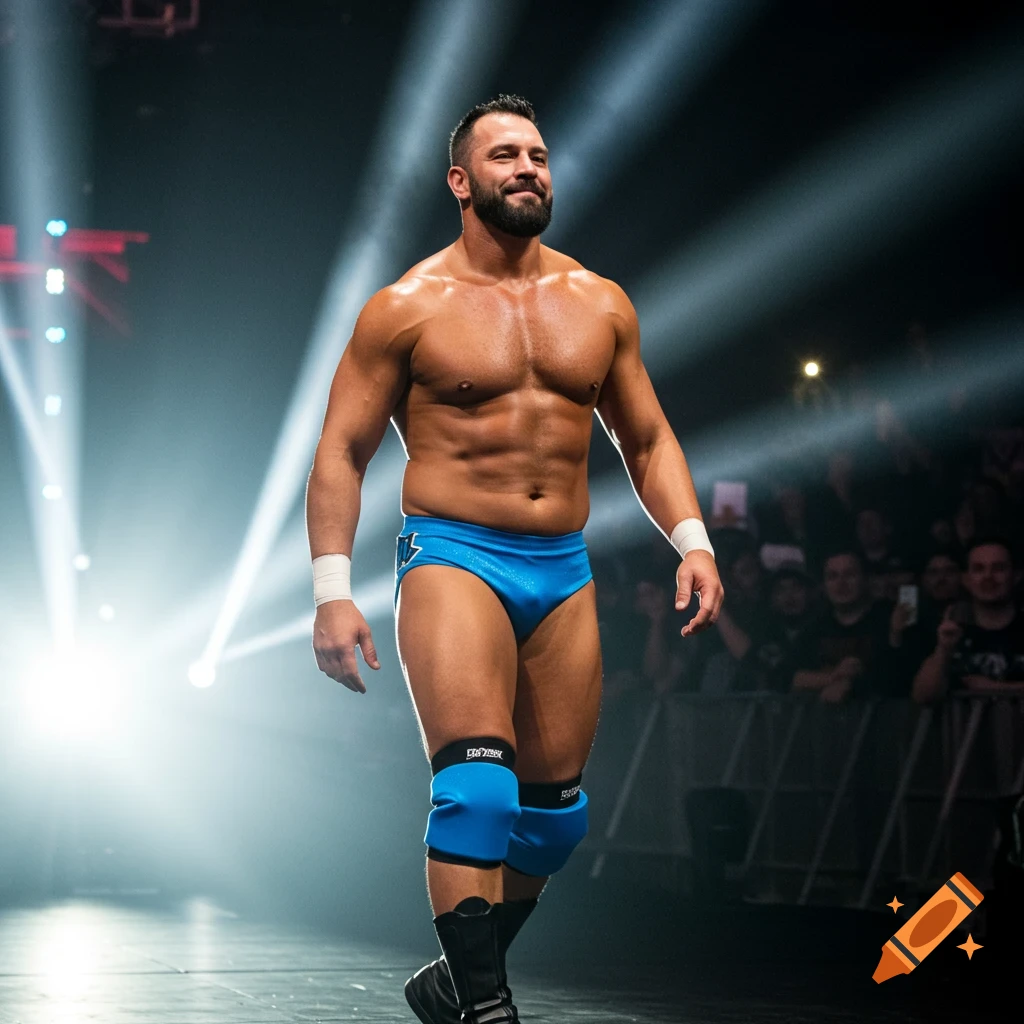 A muscular male pro wrestler with a beard, wearing blue briefs and kneepads, walks confidently in a spotlighted arena.