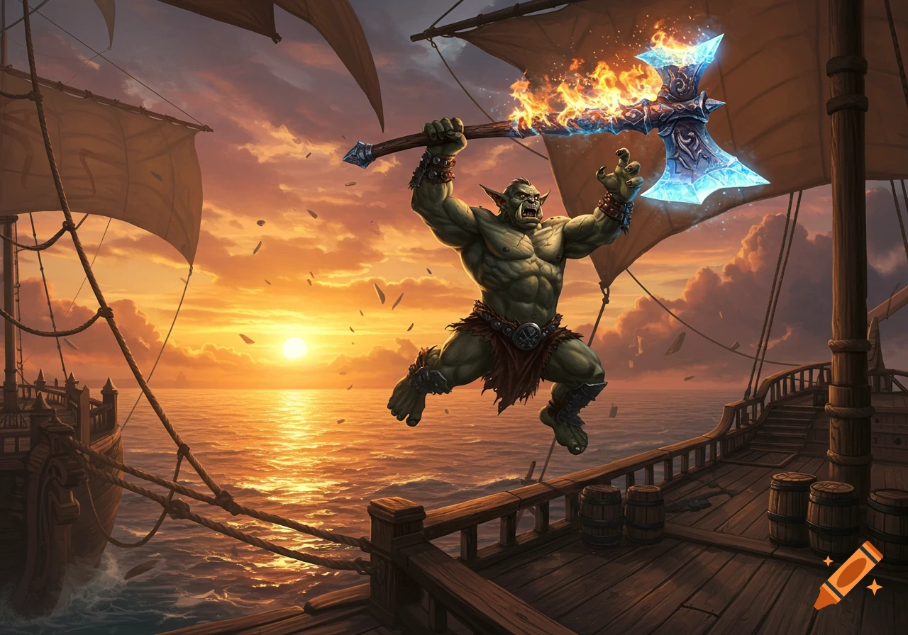 A muscular green orc wielding a flaming blue crystal axe leaps from a wooden sailing ship at sunset.