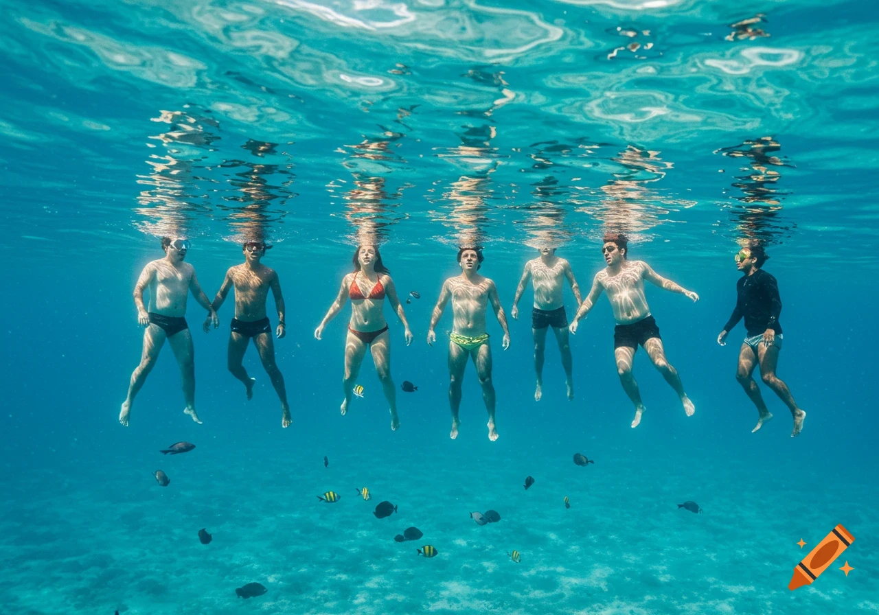 Several people float underwater in clear blue water with fish and surface reflections.