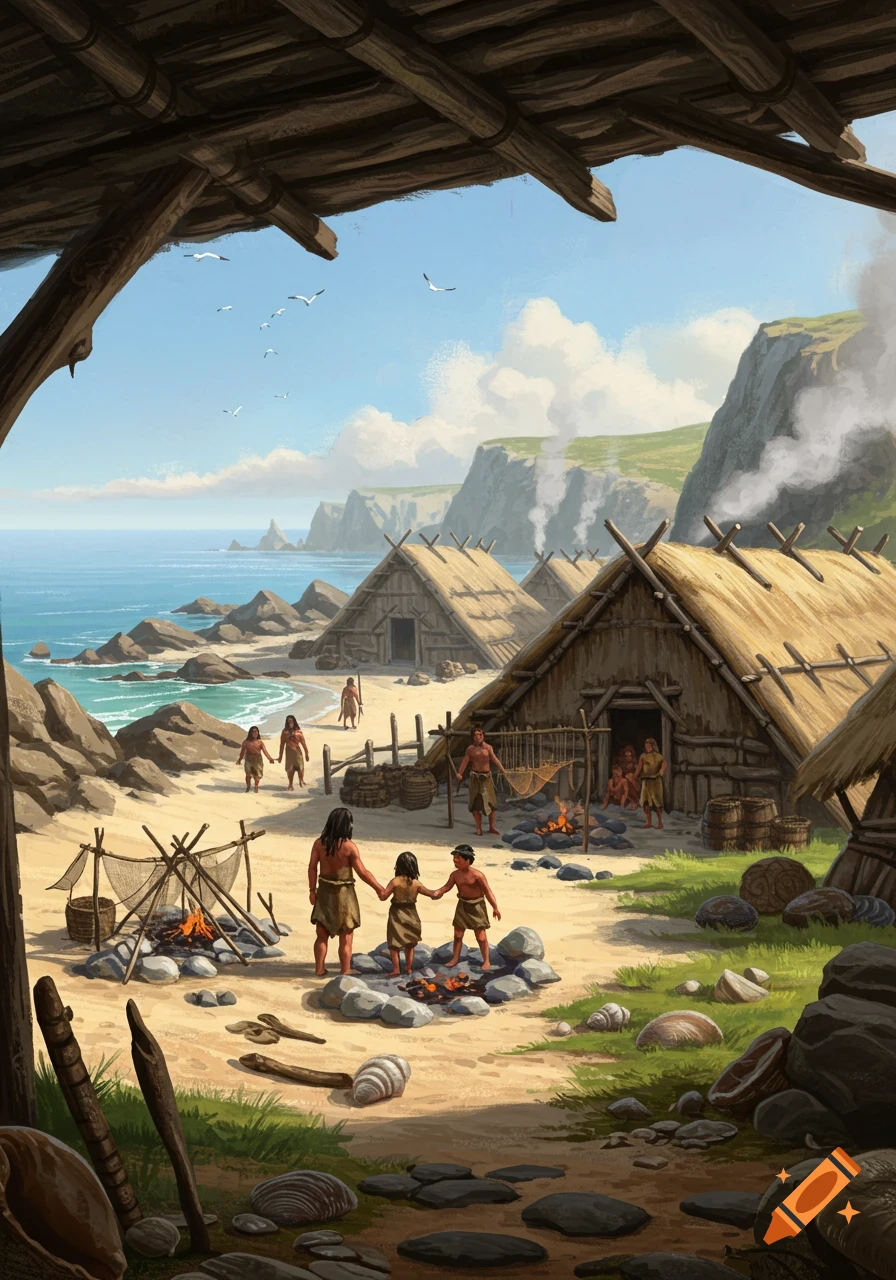A vibrant illustration of a Stone Age coastal village with thatched huts, people around fires, and a rugged coastline.