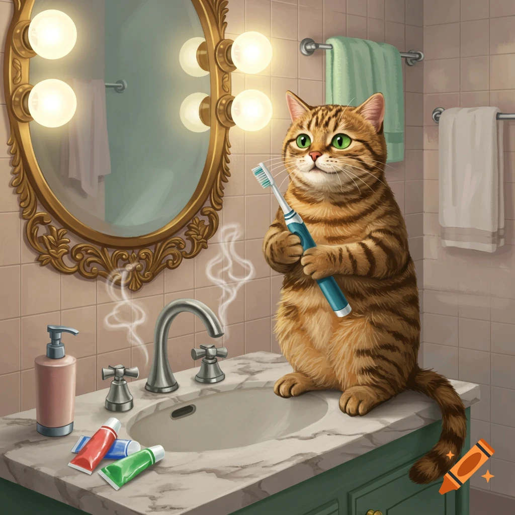 A cute tabby cat stands on a bathroom counter holding an electric toothbrush, ready to brush its teeth. Steam rises from the sink.