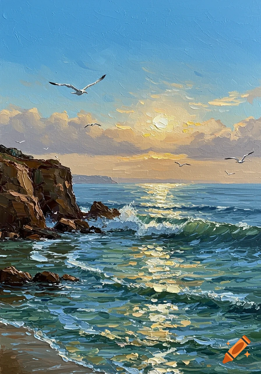 Oil painting of a sunset over a rocky ocean coastline with seagulls flying, featuring thick impasto brushstrokes.