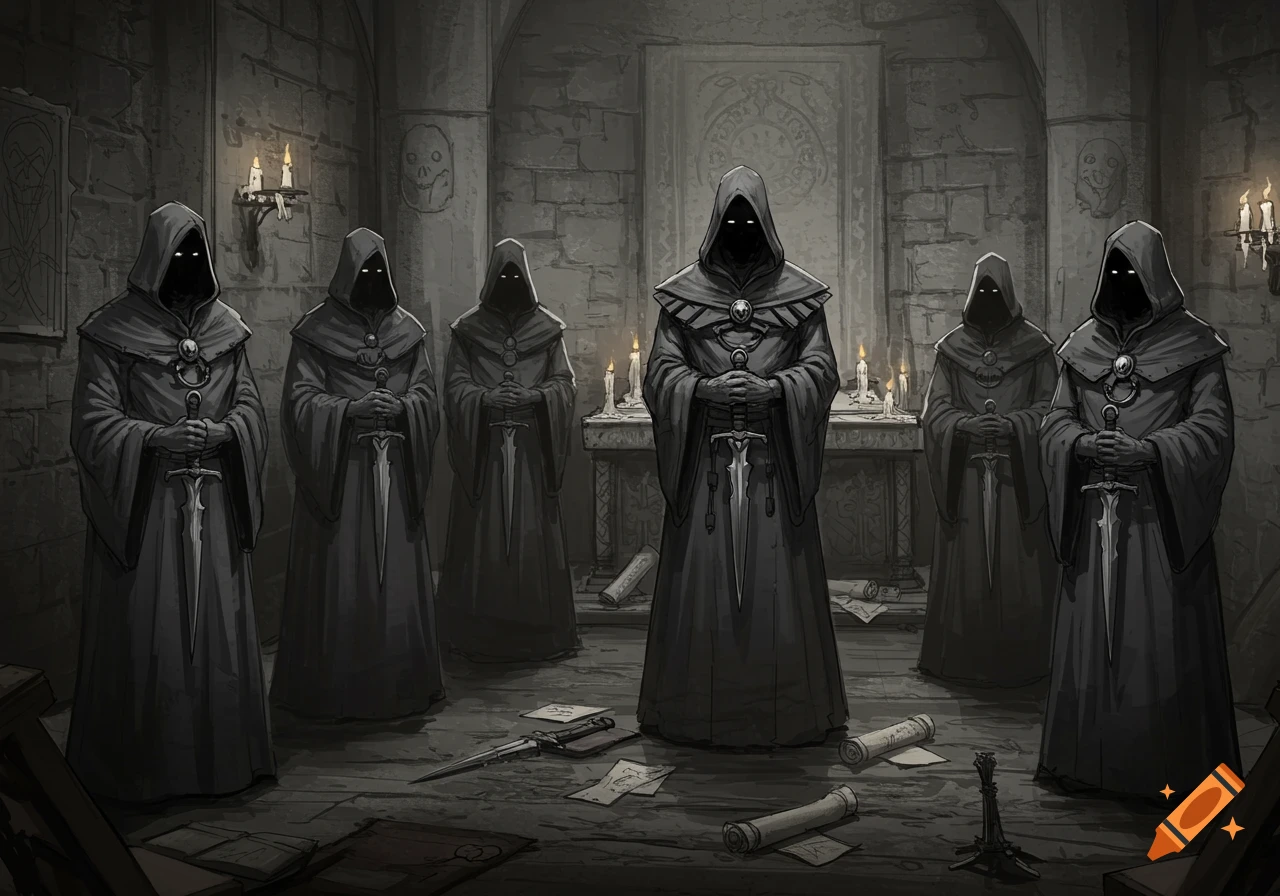 Sketch drawing of robed figures with daggers in a dark stone chamber with candles.