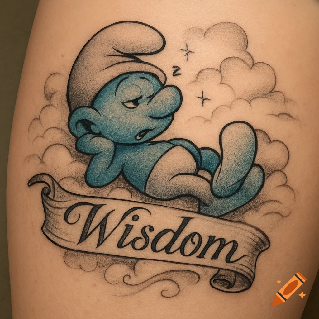 A colorful cartoon tattoo of a sleepy Smurf lying on clouds, with a banner below reading 'Wisdom', on a thigh.