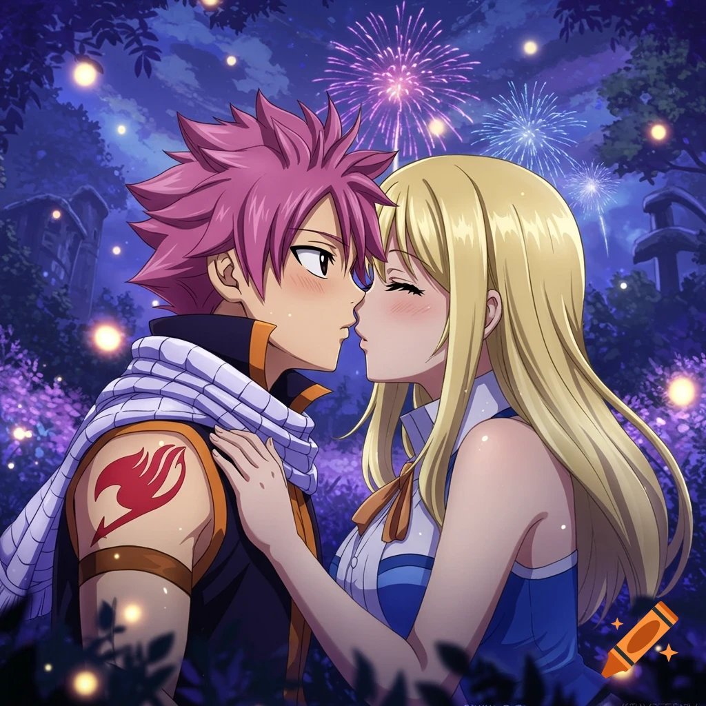 Anime characters Natsu and Lucy from Fairy Tail are about to kiss under a night sky with fireworks and glowing purple trees.