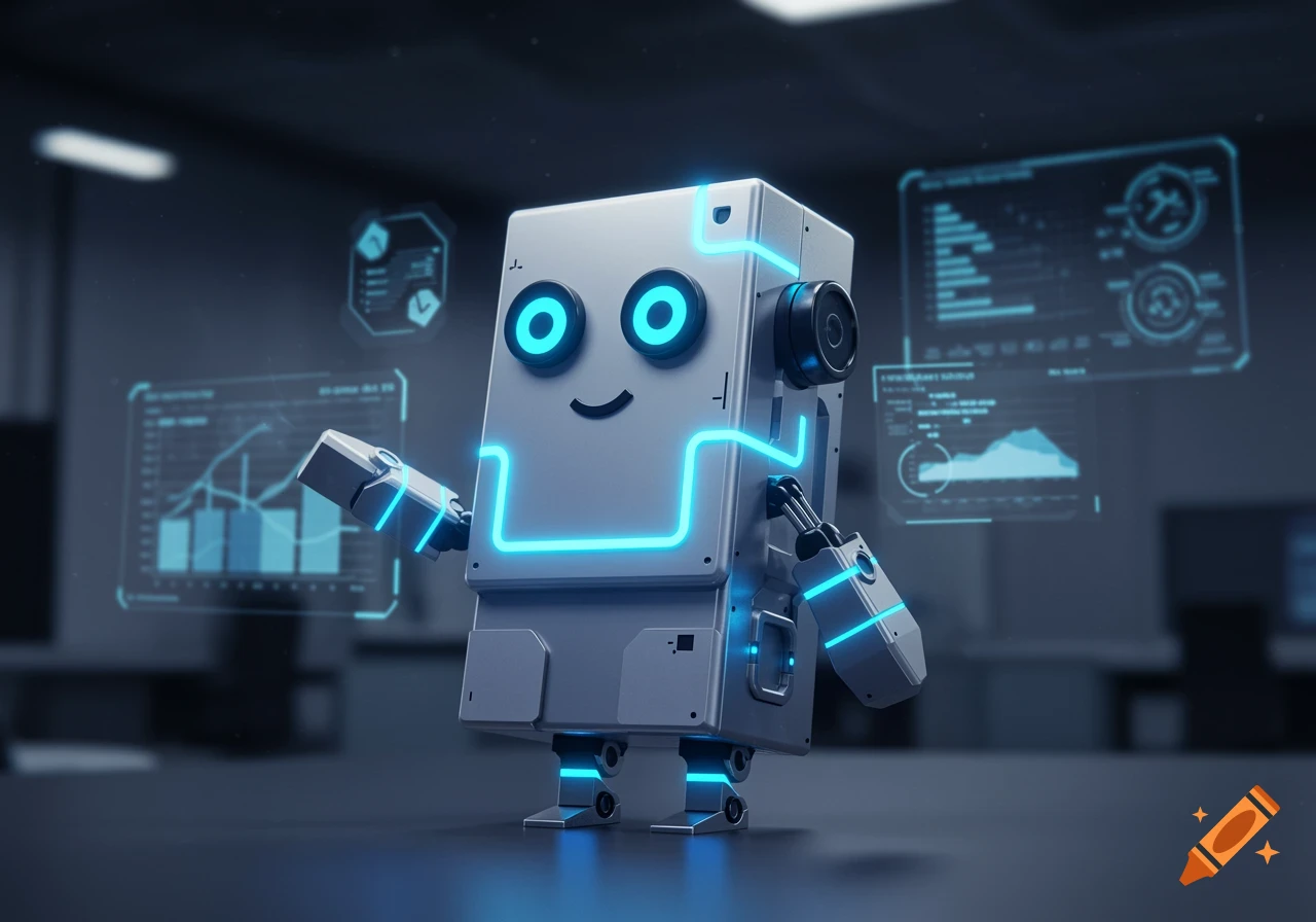 A cute, friendly robot with glowing blue lines stands in a dark office surrounded by holographic data screens.