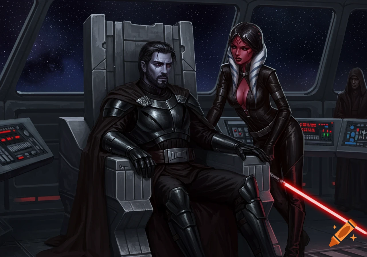 A man in dark armor sits on a spaceship throne as a red-skinned woman with a lightsaber leans on him; another robed figure is in background.