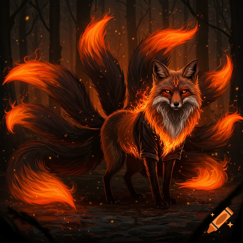 A nine-tailed fox with fiery orange fur and black tails, wearing a jacket, stands in a dark forest at night.