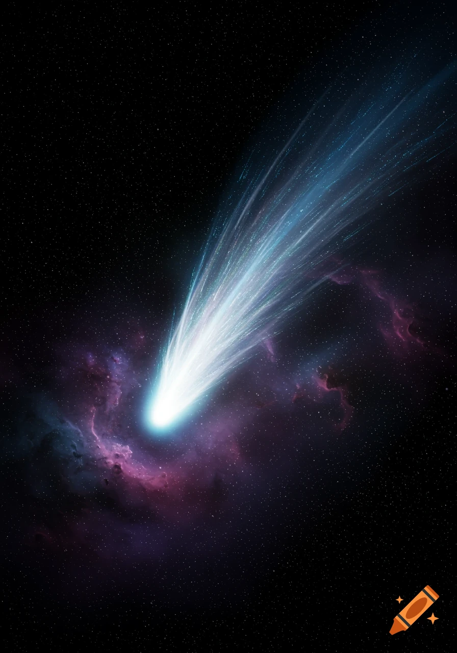 A bright comet streaks through dark space with a luminous tail, surrounded by purple and blue nebulae and scattered stars.