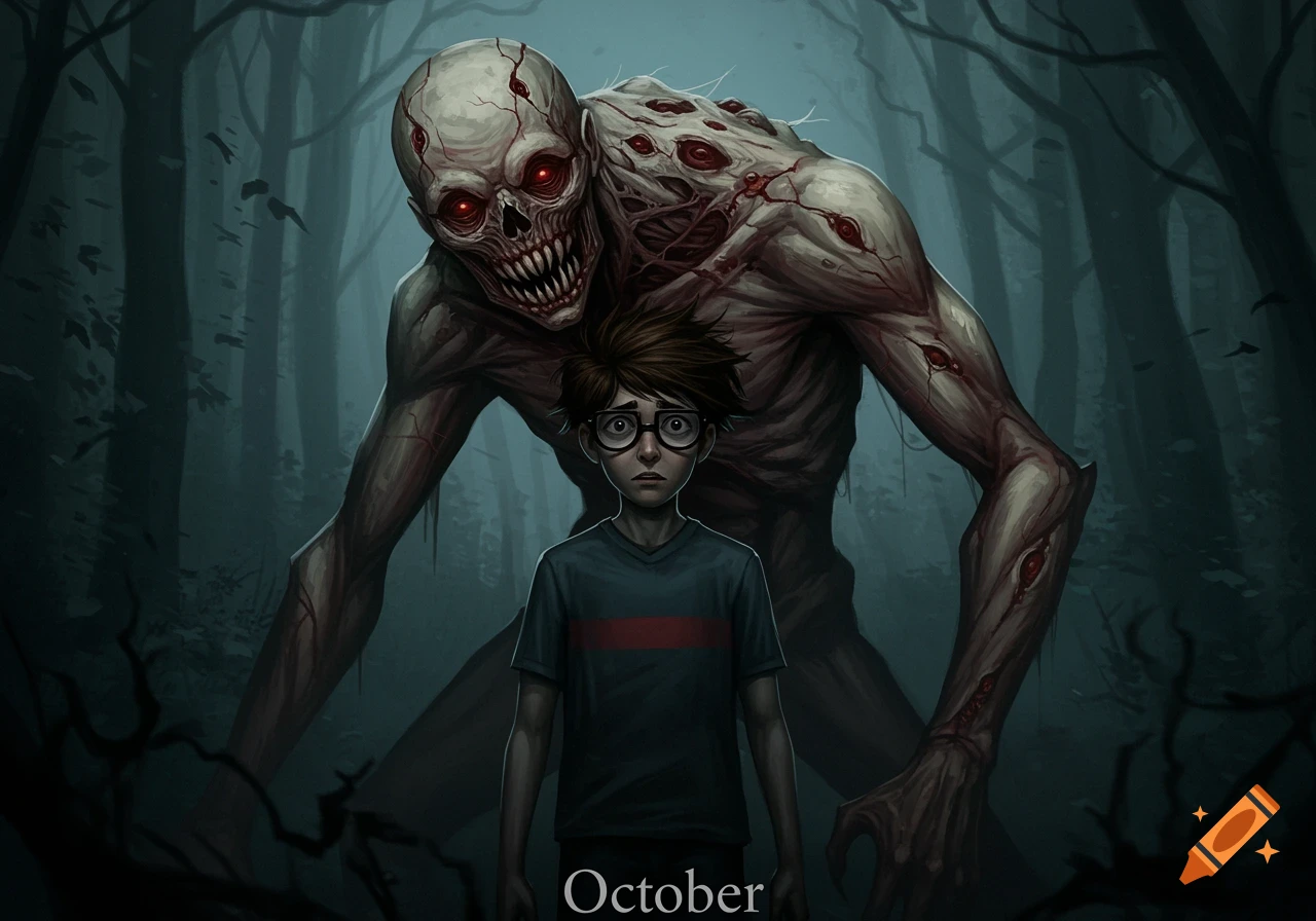 A scared boy with glasses stands in a dark forest, a terrifying, eyeless monster with cracked skin and glowing red eyes looming behind him. Text 'October' at bottom.