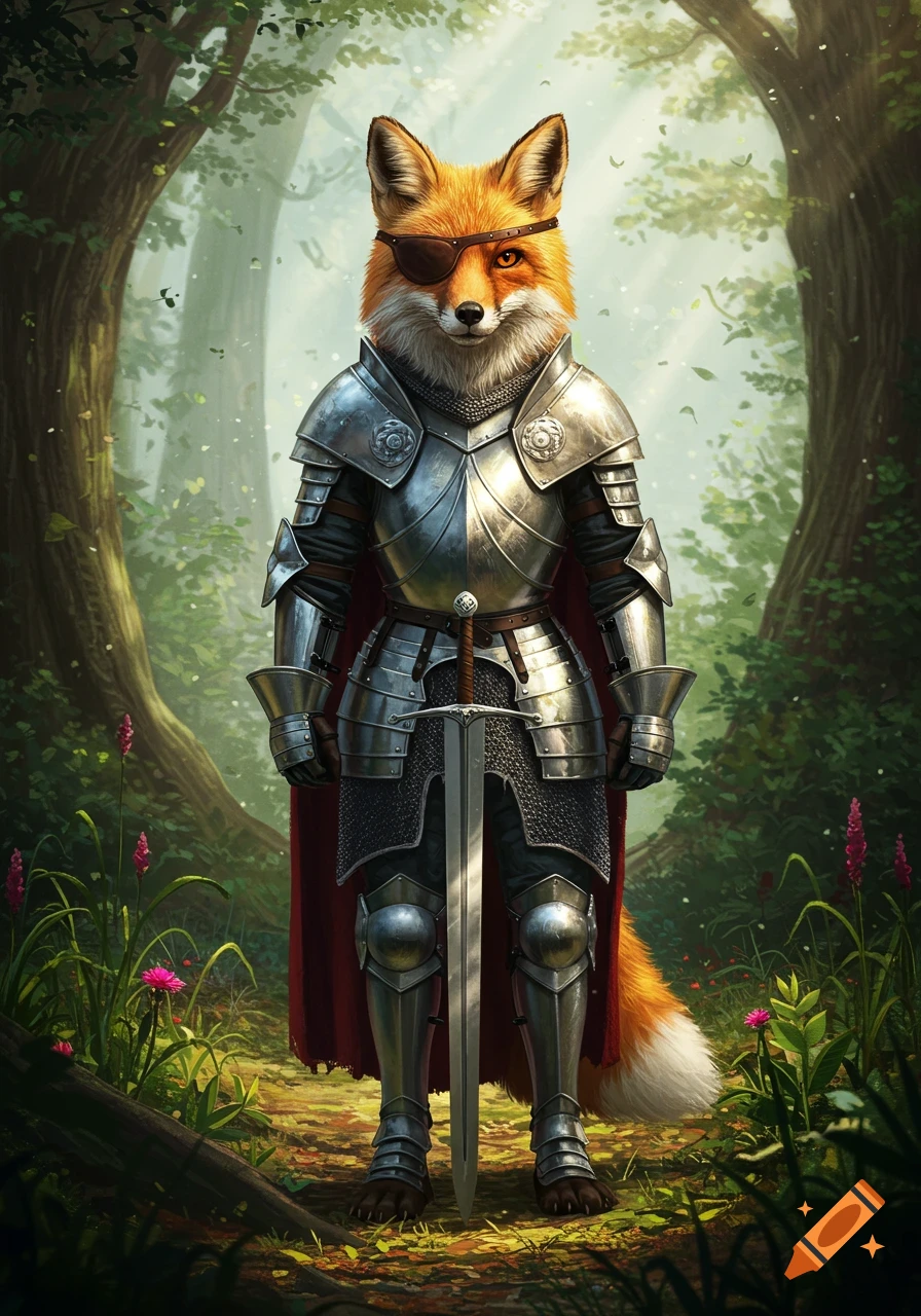 A fox in silver knight armor with an eyepatch stands in a forest, holding a sword.