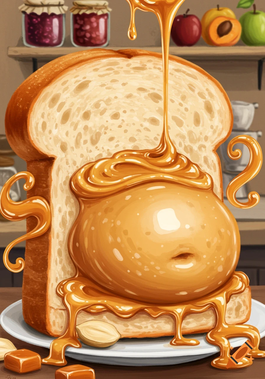 Illustrative image of a slice of bread with a round, belly-like peanut butter dollop covered in honey. Jars and fruit in background.