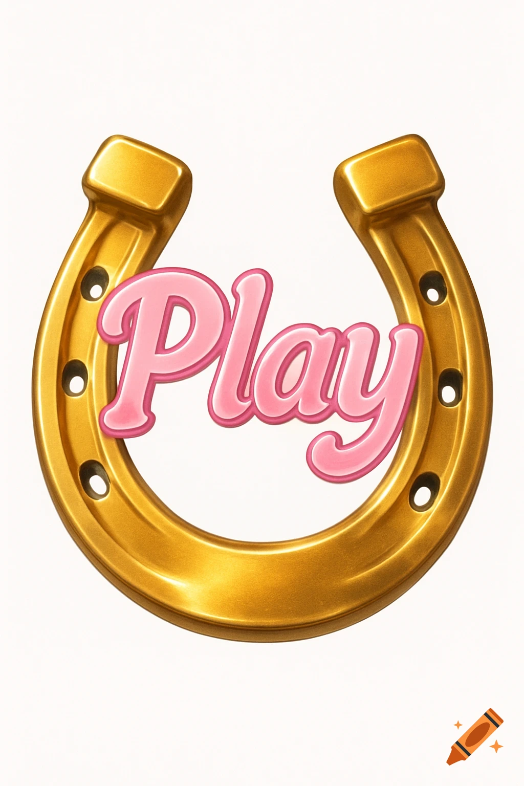 A shiny golden horseshoe with the word 'Play' in bubbly pink text centered in its opening on a white background.